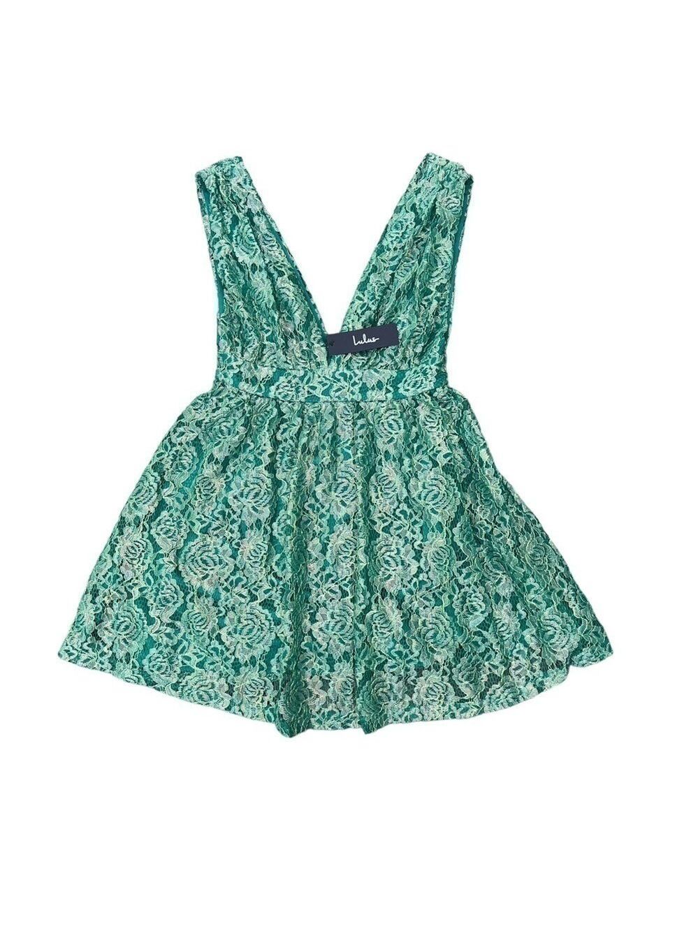 Lulus Tawny Green Metallic Skater Dress Floral Lace Deep V-Neck Size Small NWT - Picture 3 of 14